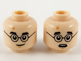 Light Nougat Minifigure, Head Dual Sided Medium Nougat Lightning Scar, Black Eyebrows and Glasses, Grin / Surprised Pattern - Hollow Stud