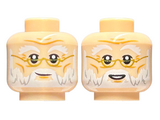 Light Nougat Minifigure, Head Dual Sided White Eyebrows and Beard, Gold Glasses, Grin / Smile with Teeth Pattern - Hollow Stud