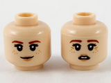 Light Nougat Minifigure, Head Dual Sided Female, Reddish Brown Eyebrows, Medium Nougat Freckles, Peach Lips, Grin / Scared Pattern - Hollow Stud