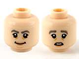 Light Nougat Minifigure, Head Duel Sided Female, Dark Bluish Gray Eyebrows, Peach Lips, Grin / Scared Pattern - Hollow Stud