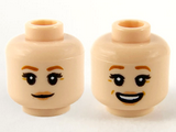 Light Nougat Minifigure, Head Dual Sided Female, Dark Orange Eyebrows, Peach Lips, Slight Grin / Smile Showing Teeth Pattern / Hollow Stud