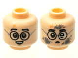 Light Nougat Minifigure, Head Dual Sided Glasses, Black Eyebrows, Lightning Bolt Scar, Grin / Broken Glasses Dirty Face Pattern - Hollow Stud