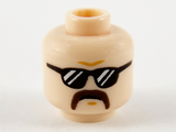 Light Nougat Minifigure, Head Dark Orange Brow Furrow, Black Sunglasses with White Stripes, Dark Brown Horseshoe Moustache Pattern - Hollow Stud