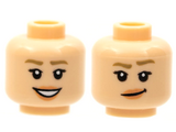 Light Nougat Minifigure, Head Dual Sided Female, Dark Tan Eyebrows, Peach Lips, Smile / Lopsided Grin with Raised Eyebrow Pattern - Hollow Stud