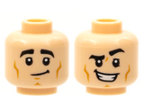 Light Nougat Minifigure, Head Dual Sided, Black Eyebrows, Dark Orange Cheek Lines, Smirk / Open Smile with Raised Eyebrow Pattern - Hollow Stud