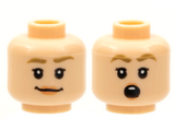 Light Nougat Minifigure, Head Dual Sided Female, Dark Tan Eyebrows, Peach Lips, Grin / Suprised Pattern - Hollow Stud