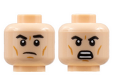 Light Nougat Minifigure, Head Dual Sided, Black Eyebrows, Dark Orange Cheek Lines, Frown Left Eyebrow Raised / Open Scowl Pattern - Hollow Stud