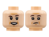 Light Nougat Minifigure, Head Dual Sided, Dark Brown Eyebrows, Dark Orange Brow Furrows and Jowel Lines, Smile / Neutral Pattern - Hollow Stud