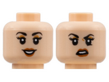 Light Nougat Minifigure, Head Dual Sided Female, Black Eyebrows, Medium Nougat Eyeshadow, Dark Orange Lips, Smile / Scowl Pattern - Hollow Stud