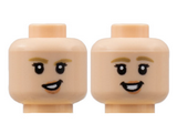 Light Nougat Minifigure, Head Dual Sided Female, Dark Tan Eyebrow, Medium Nougat Lips, Lopsided Grin / Smile with Teeth Pattern - Hollow Stud