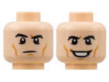 Light Nougat Minifigure, Head Dual Sided, Black Eyebrows, Medium Nougat Cheek Lines, Raised Right Eyebrow / Grin with Teeth Pattern - Hollow Stud