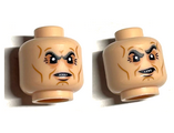 Light Nougat Minifigure, Head Dual Sided Dark Bluish Gray Eyebrows, Medium Nougat Contour Lines, Grin / Scowl with 4 Sharp Teeth Pattern - Hollow Stud