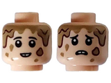 Light Nougat Minifigure, Head Dual Sided Child Male, Black Eyebrows, Dark Tan Mud Drops, Scared / Terrified - Hollow Stud