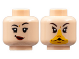 Light Nougat Minifigure, Head Dual Sided Female, Black Eyebrows, Lopsided Grin with Dark Red Lips / Bright Light Orange Goose Duck Bill Pattern - Hollow Stud