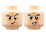 Light Nougat Minifigure, Head Dual Sided Dark Bluish Gray Eyebrows, Medium Nougat Age Lines, Stubble, Confused / Lopsided Grin Pattern - Hollow Stud