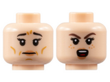 Light Nougat Minifigure, Head Dual Sided Female, Black Eyebrows, Peach Lips, Medium Nougat Age Lines / Reddish Brown Eyebrows, Angry Pattern - Hollow Stud