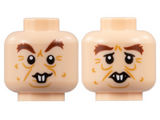 Light Nougat Minifigure, Head Dual Sided Reddish Brown Bushy Eyebrows, Medium Nougat Age Lines and Wrinkles, Buck Teeth, Lopsided Grin / Worried Pattern - Hollow Stud