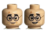 Light Nougat Minifigure, Head Dual Sided Medium Nougat Lightning Scar, Black Eyebrows, Glasses and Dark Tan Beard Stubble, Smile / Open Mouth Pattern - Hollow Stud