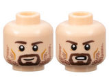 Light Nougat Minifigure, Head Dual Sided Dark Brown Eyebrows, Goatee and Stubble Beard, Medium Nougat Cheek Lines, Grin / Scowl Pattern - Hollow Stud