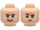 Light Nougat Minifigure, Head Dual Sided Dark Brown Eyebrows, Dark Tan Stubble Beard, Medium Nougat Chin Dimple, Lopsided Open Mouth Smile / Frown Pattern - Hollow Stud