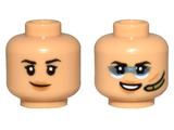 Medium Tan Minifigure, Head Dual Sided Female Black Eyebrows, Medium Nougat Lips, and Smile / Metallic Light Blue Face Paint and Olive Green Headset Pattern - Hollow Stud