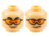 Medium Tan Minifigure, Head Dual Sided Black Eyebrows, Cheek Lines, Chin Dimple, Orange Goggles, Grin / Frown Pattern - Hollow Stud