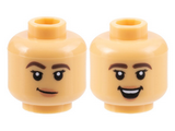 Medium Tan Minifigure, Head Dual Sided Female Dark Brown Eyebrows, Peach Lips, Lopsided Grin / Open Mouth Smile Pattern - Hollow Stud