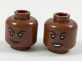 Reddish Brown Minifig, Head Dual Sided Female, Black Eyebrows, Dark Brown Lips, Lopsided Smirk / Smile Pattern