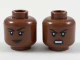 Reddish Brown Minifig, Head Dual Sided Female, Black Eyebrows, Dark Brown Lips, Lopsided Grin / Gritted Teeth Pattern - Stud Recessed