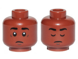 Reddish Brown Minifigure, Head Dual Sided Black Eyebrows, White Pupils, Sad / Closed Eyes Pattern (Finn) - Hollow Stud