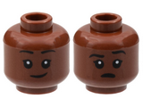 Reddish Brown Minifigure, Head Dual Sided, Black Eyebrows and Eyes with White Pupils, Smirk / Eyebrow Raised, Sad Pattern - Hollow Stud