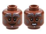 Reddish Brown Minifigure, Head Dual Sided Female, Bright Light Blue Chevron Tattoos, Black Eyebrows, White Dots, Dark Brown Lips, Grin / Gritted Teeth Pattern - Hollow Stud