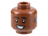 Reddish Brown Minifigure, Head Black Eyebrows, Lopsided Smile with Teeth, Bright Light Blue Hearing Aid on Left Pattern - Hollow Stud