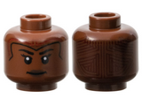 Reddish Brown Minifigure, Head Female, Pearl Gold and Dark Red Tiara, Black Eyebrows, Dark Brown Lips, Tattoo on Back Pattern - Hollow Stud