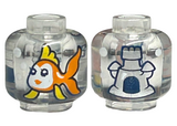 Trans-Clear Minifigure, Head without Face with Orange Fish with Yellow Fins and White Face, Castle with Dark Blue Opening on Back Pattern - Vented Stud