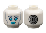 White Minifigure, Head Alien Female Dark Blue Eyebrows, Medium Azure Eyes and Lips, Sand Blue Cheek Lines, Silver Circle Power Socket on Back Pattern - Vented Stud