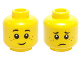 Yellow Minifigure, Head Dual Sided Black Eyebrows, Dark Orange Freckles, Smile / Worried Pattern - Hollow Stud