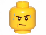 Yellow Minifigure, Head Male Stern Black Eyebrows, White Pupils, Frown, Sweat Drops Pattern - Hollow Stud