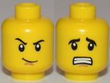 Yellow Minifigure, Head Dual Sided Thin Smirk, Raised Eyebrow / Scared with Teeth Pattern - Hollow Stud