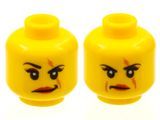 Yellow Minifigure, Head Dual Sided Female Scar over Left Eye, Raised Eyebrow / Scowl Pattern (Ann Lee) - Hollow Stud