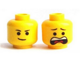 Yellow Minifigure, Head Dual Sided Black Eyebrows, Lopsided Smile / Open Mouth Scared Pattern (Emmet) - Hollow Stud