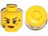 Yellow Minifig, Head Female with Black Eyelashes, Dark Bluish Gray Scratches, Dark Brown Eyebrows, and Dark Orange Freckles and Lips Pattern - Stud Recessed