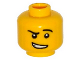 Yellow Minifigure, Head Black Eyebrows, Raised Left Eyebrow, White Pupils, Crooked Open Smile with Teeth Pattern - Hollow Stud