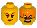 Yellow Minifigure, Head Dual Sided Female Dark Red Eyebrows, Dark Tan Lips, Smile / Bright Light Orange Mask, White Eyes, Open Mouth Pattern - Hollow Stud