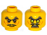 Yellow Minifigure, Head Dual Sided Moustache Split, Stern Dark Bluish Gray Bushy Eyebrows, Sunken Eyes, Wrinkles / Green Eyes, Angry Pattern - Hollow Stud