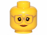 Yellow Minifigure, Head Female Glasses Dark Tan, Gray Eyebrows, Crow's Feet, Peach Lips Pattern - Hollow Stud