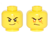 Yellow Minifigure, Head Dual Sided Black Eyebrows, Scar Across Left Eye, Smirk / Orange Rimmed Eyes, Gold Pupils, Scowl Pattern - Hollow Stud