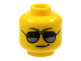 Yellow Minifigure, Head Female with Black and Silver Sunglasses, Black Eyebrows, Peach Lips Pattern - Hollow Stud