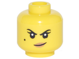 Yellow Minifigure, Head Female Black Eyebrows, Beauty Mark, Dark Tan Lips and Crooked Smirk Pattern (Nya) - Hollow Stud