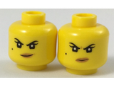 Yellow Minifig, Head Dual Sided Female Black Eyebrows, Beauty Mark, Dark Tan Lips, Crooked Smile / Scowl Pattern (Nya) - Hollow Stud